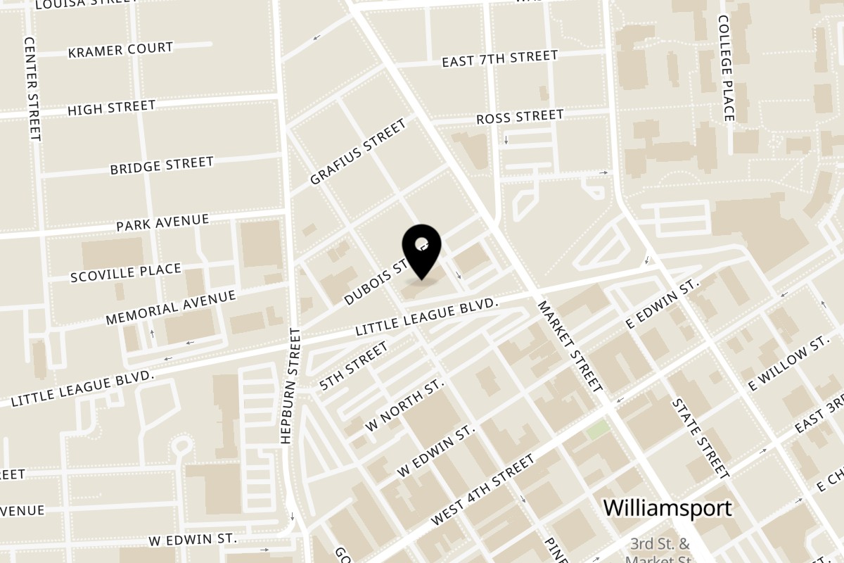 Map showing the location of Bigfoot Subs Bigfoot Subs - Williamsport on 500 Pine Street, Suite 7 in Williamsport